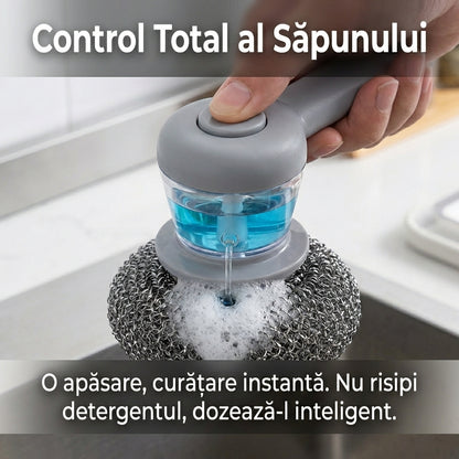 Perie de Curățare Vase cu Dozator Automat de Detergent și Burete din Sârmă de Oțel, Tip Presă