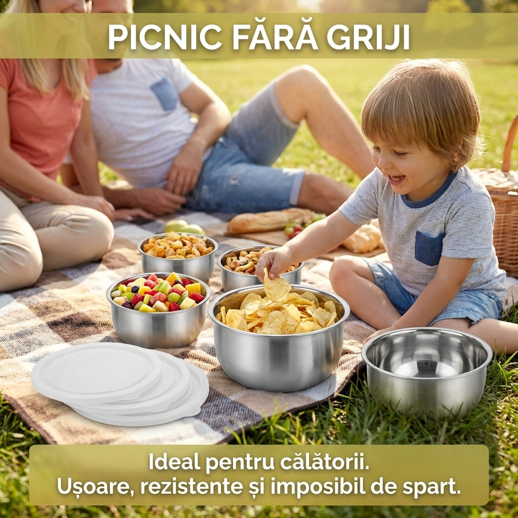 Set 5 Boluri din Inox cu Capac pentru Depozitare Alimente, Organizare Frigider și Călătorii, Stivuibile