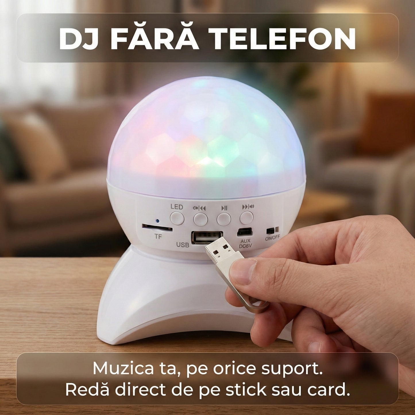 Boxă Portabilă Bluetooth cu Lumini Disco RGB, Glob de Cristal Rotativ, Radio FM, USB și Suport Card TF, Alb