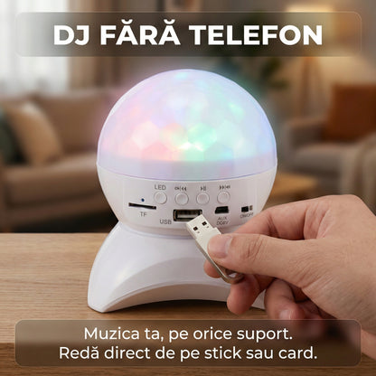 Boxă Portabilă Bluetooth cu Lumini Disco RGB, Glob de Cristal Rotativ, Radio FM, USB și Suport Card TF, Alb