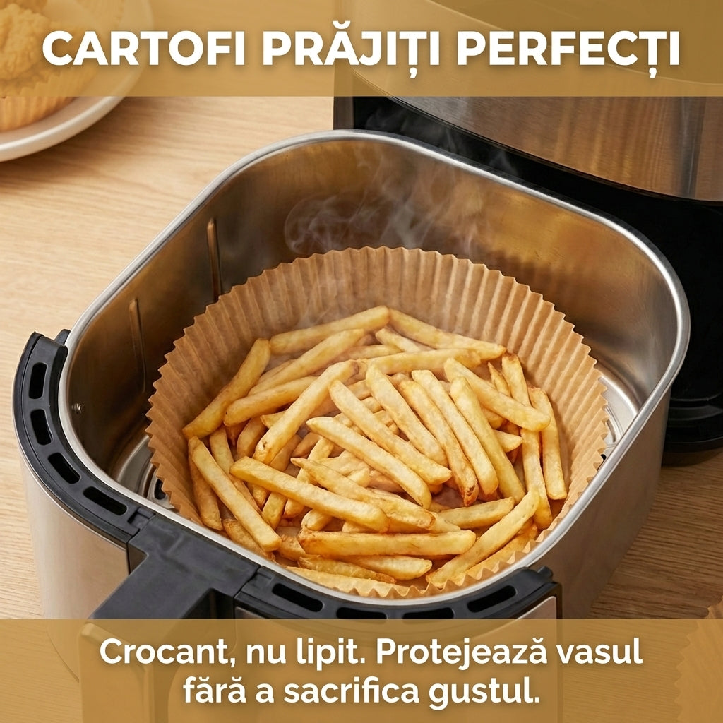 Set 100 Bucăți Hârtie de Copt pentru Friteuză cu Aer Cald (Air Fryer), Unică Folosință, Antiaderentă, 20cm