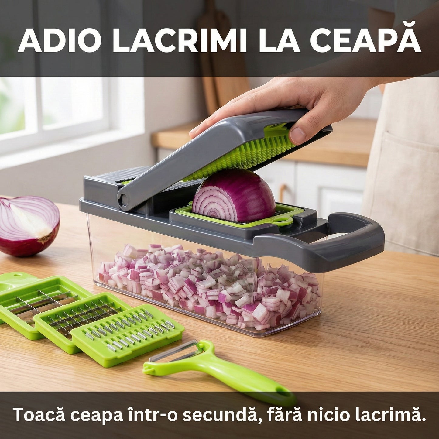 Tocător Multifuncțional Legume & Fructe cu Recipient Colector - Mandolină Manuală pentru Feliere, Răzuire & Cuburi