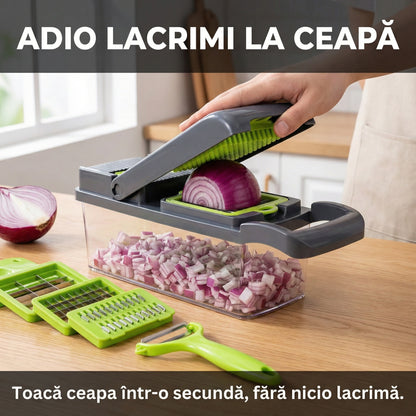 Tocător Multifuncțional Legume & Fructe cu Recipient Colector - Mandolină Manuală pentru Feliere, Răzuire & Cuburi