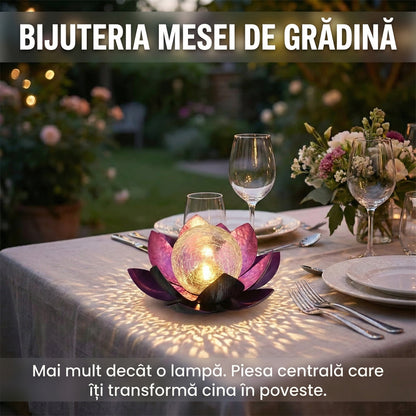 Lampă Solară Decorativă Grădină Tip Floare de Lotus, Metal și Glob de Sticlă Cracată, Efect Luminos Cald, Mov, 27 cm