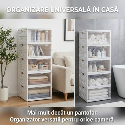 Dulap Pliabil pentru Pantofi cu 5 Niveluri, Instalare Rapidă Fără Unelte, Uși Transparente, Alb