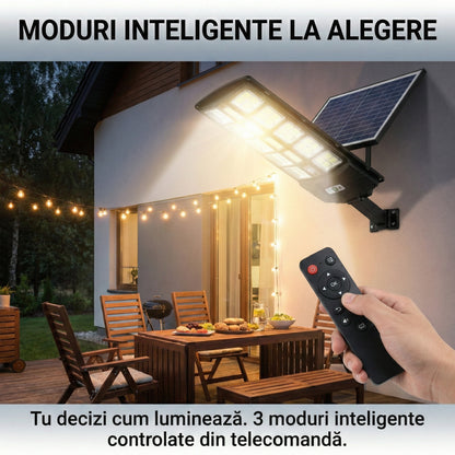 Lampă Solară Stradală LED 200W cu 12 Casete, Senzor de Mișcare și Lumină, 3 Moduri, Telecomandă