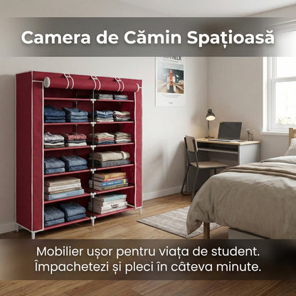 Dulap Textil Multifuncțional cu 5 Rafturi și 2 Compartimente, 118x30x120 cm, Husă Anti-Praf și Structură Metalică