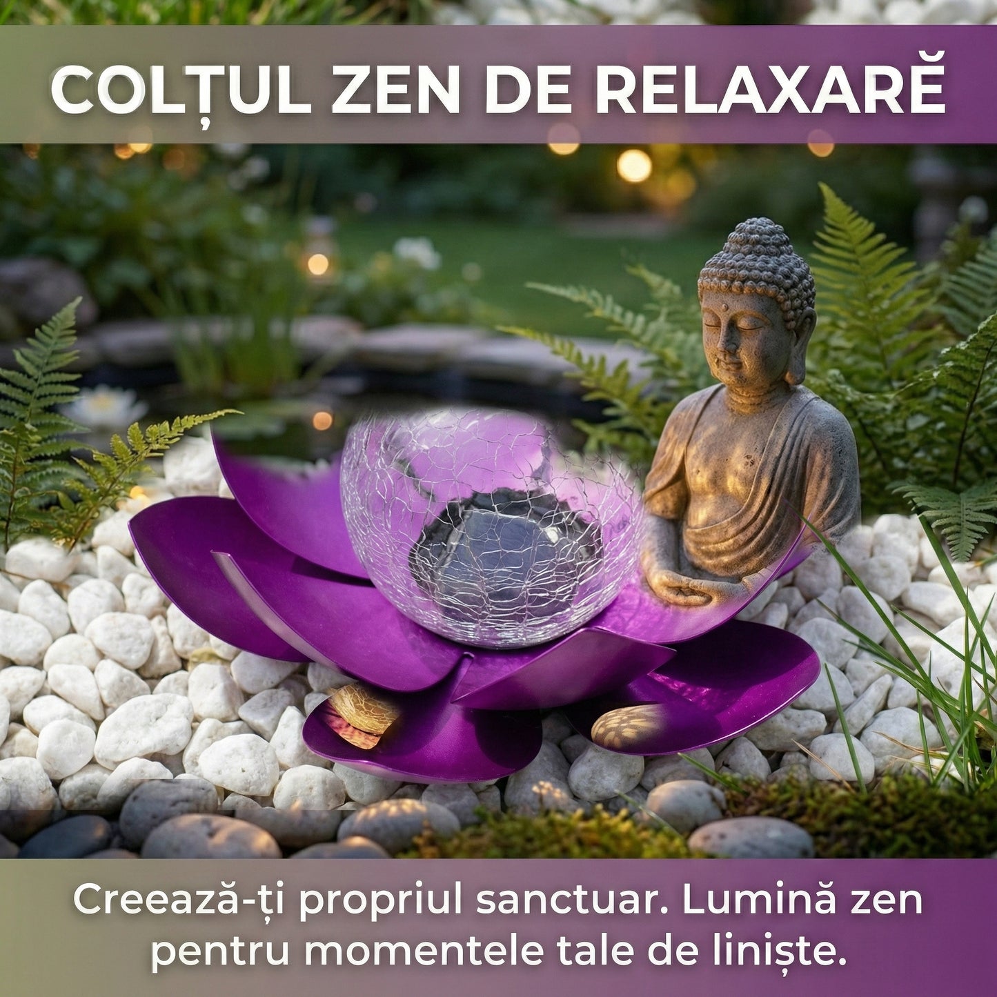 Lampă Solară Decorativă Grădină Tip Floare de Lotus, Metal și Glob de Sticlă Cracată, Efect Luminos Cald, Mov, 27 cm