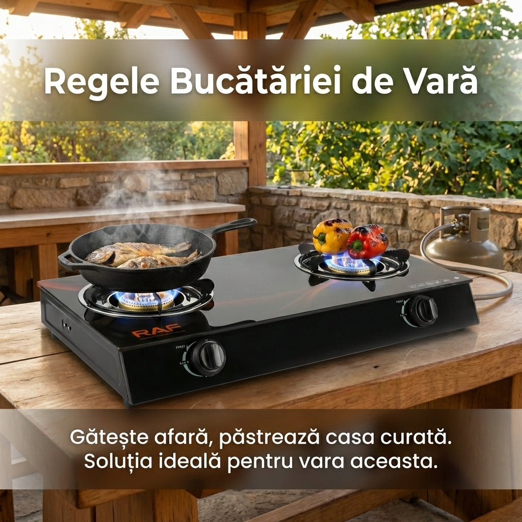 Aragaz de Masă Dublu R.8051, Sticlă Călită Neagră, Aprindere Electronică, 2 Arzătoare