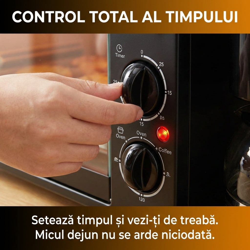 Stație Mic Dejun 3-în-1: Cuptor Electric 9L, Cafetieră 600ml și Grill, 1250W, Negru