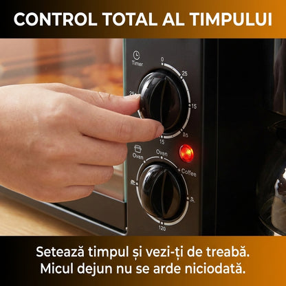 Stație Mic Dejun 3-în-1: Cuptor Electric 9L, Cafetieră 600ml și Grill, 1250W, Negru