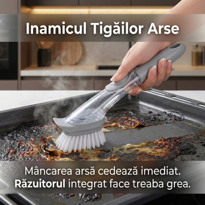 Perie de Curățare 2-în-1 pentru Bucătărie cu Dozator de Detergent și Răzuitor, Mâner Lung Antiderapant