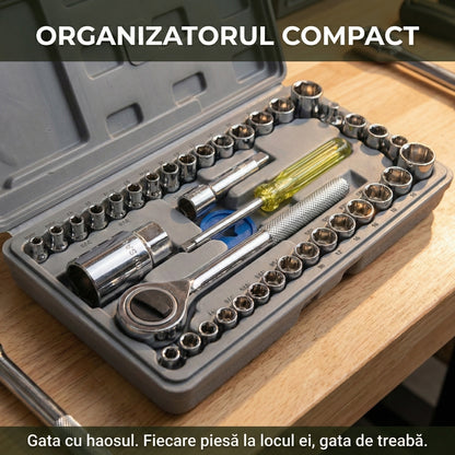 Trusă Chei Tubulare 40 Piese - Set Complet Metric & SAE cu Clichet Reversibil 3/8" și Cutie Transport