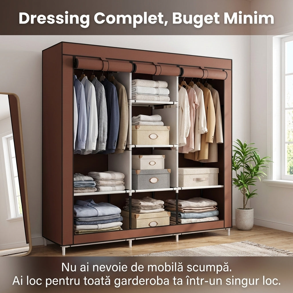 Dulap Textil Portabil XL pentru Haine, Organizator Garderobă 128x45x170cm, Husă Maro, Rafturi Multiple