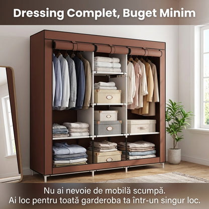 Dulap Textil Portabil XL pentru Haine, Organizator Garderobă 128x45x170cm, Husă Maro, Rafturi Multiple