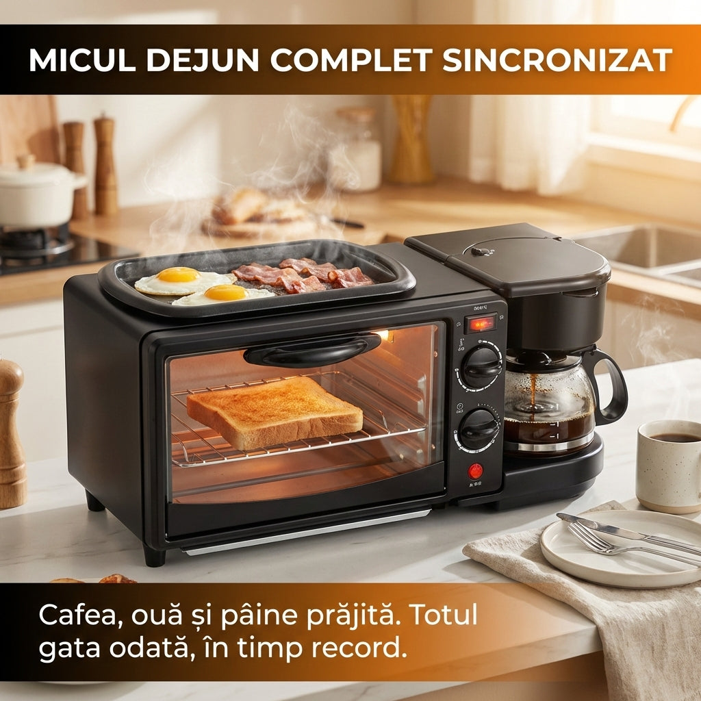 Stație Mic Dejun 3-în-1: Cuptor Electric 9L, Cafetieră 600ml și Grill, 1250W, Negru
