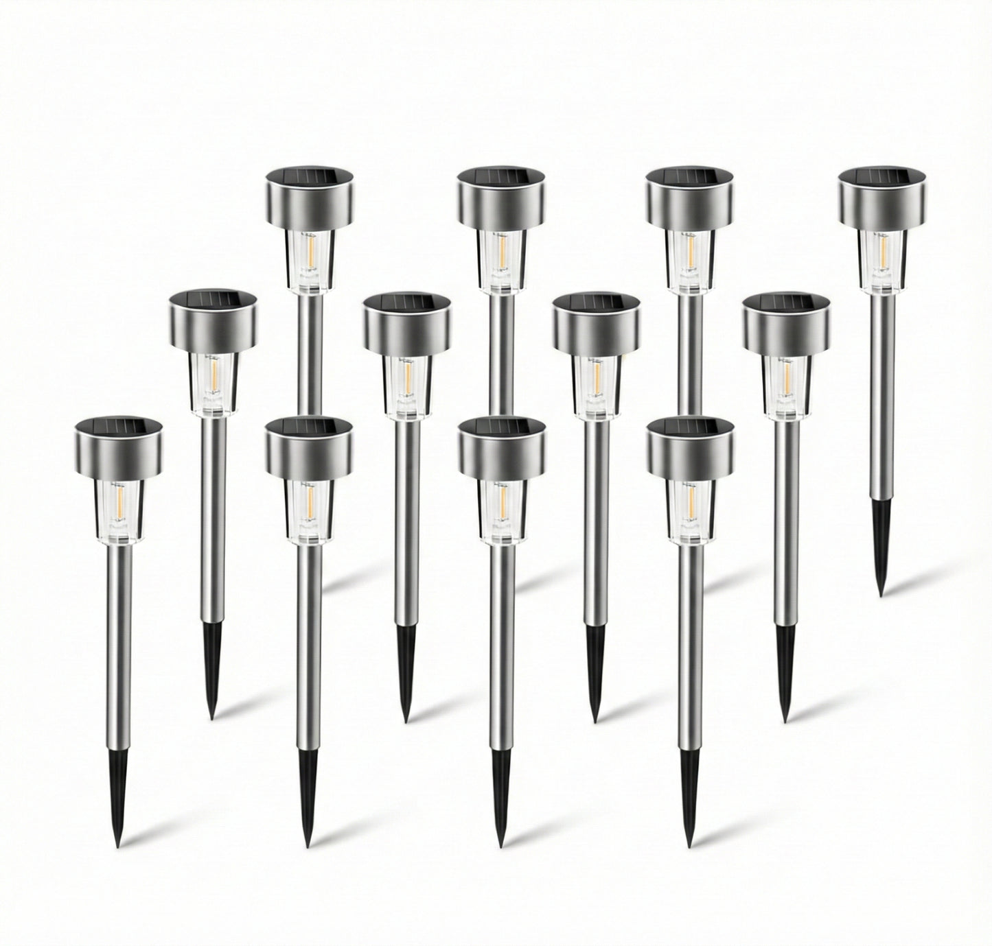 Set 12 Lămpi Solare LED de Grădină din Inox, Lumină Rece 6500K, Impermeabile IP44, Montare în Sol