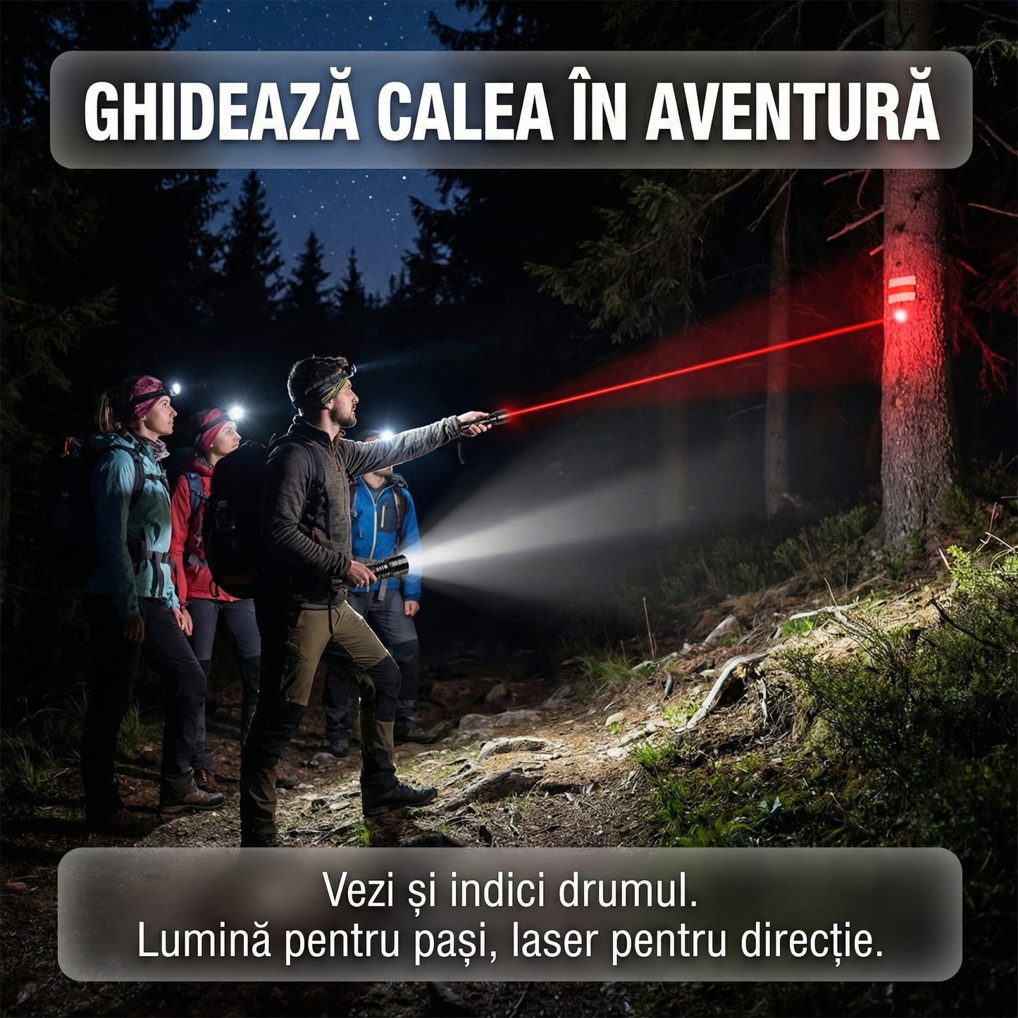 Lanternă LED de Mână Multifuncțională 3-în-1 cu Laser Roșu, Reîncărcabilă, Rezistentă la Șocuri și Apă, Acumulator Inclus