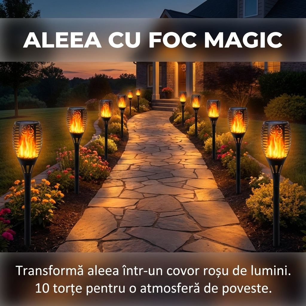 Set 10 Lămpi Solare Tip Torță cu Efect de Flacără Dansantă, 12 LED-uri, Impermeabile IP65, Decor Grădină