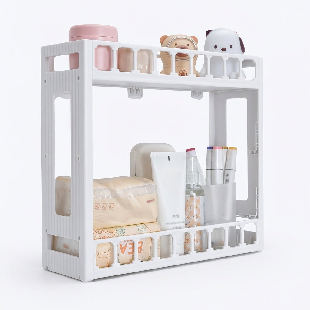 Etajeră de Baie din Plastic cu 2 Niveluri, Organizator Versatil Perete sau Blat, 31x33x11 cm