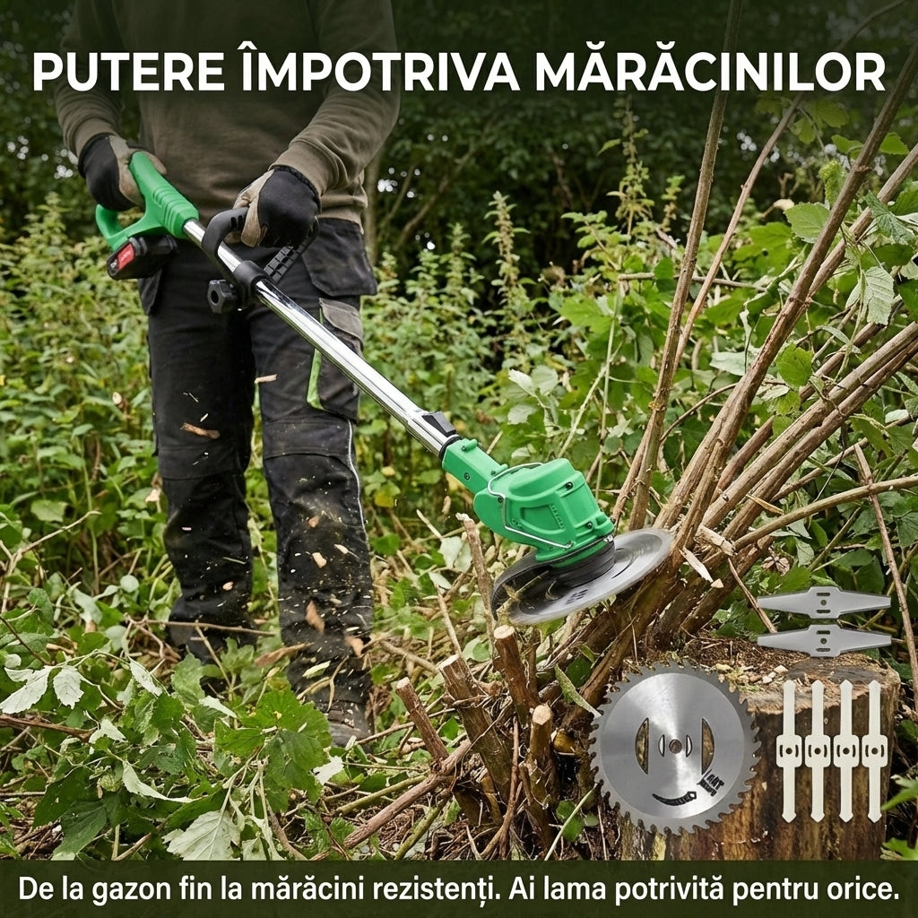 Motocoasă Electrică cu 2 Acumulatori 48V (4000mAh) - Autonomie 4 Ore, Tăiere 300mm & Greutate Redusă (1.2kg)