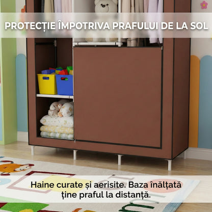 Dulap Textil Portabil XL pentru Haine, Organizator Garderobă 128x45x170cm, Husă Maro, Rafturi Multiple