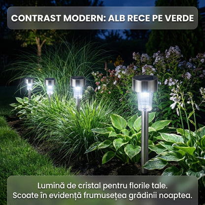 Set 12 Lămpi Solare LED de Grădină din Inox, Lumină Rece 6500K, Impermeabile IP44, Montare în Sol