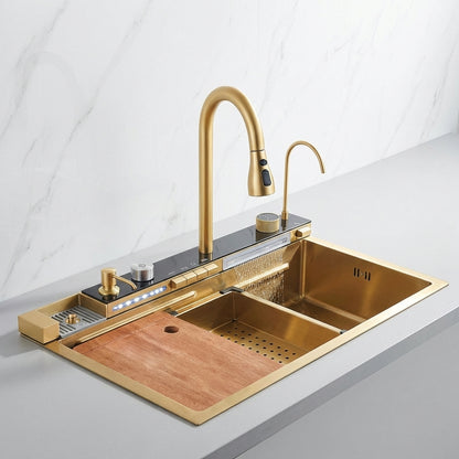 Chiuvetă de Bucătărie Multifuncțională Aurie din Inox, Afișaj Digital Hidro-Activat, Baterie Cascadă și Spălător Pahare, 75cm