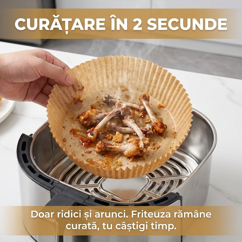 Set 100 Bucăți Hârtie de Copt pentru Friteuză cu Aer Cald (Air Fryer), Unică Folosință, Antiaderentă, 20cm