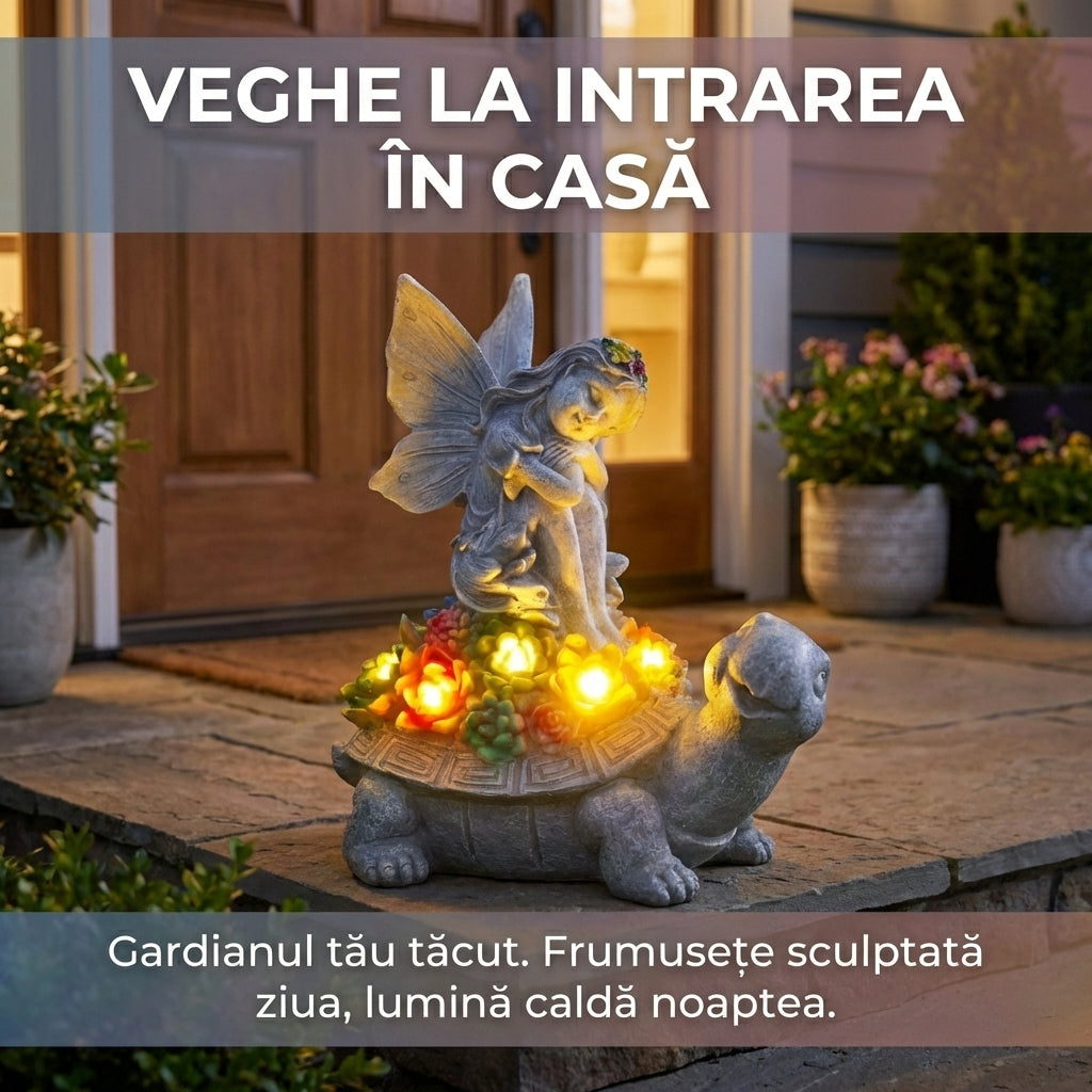 Decorațiune Solară de Grădină: Figurină Zână pe Broască Țestoasă, Rășină, Lumini LED Florale, Design de Basm