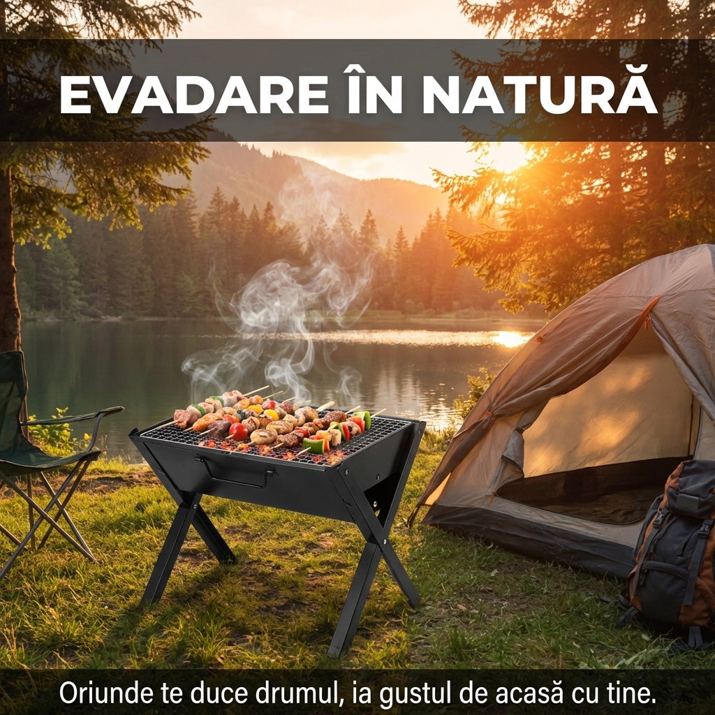 Grătar Portabil Pliabil Tip Valiză (Diplomat) - Grill Inox, Accesorii Incluse & Dimensiuni 44x27cm
