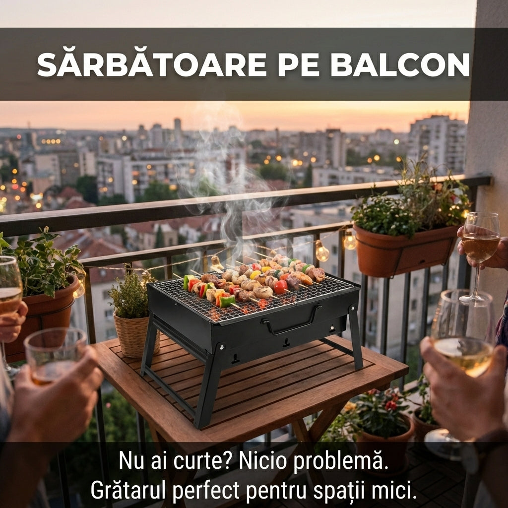 Grătar Portabil Pliabil Tip Valiză (Diplomat) - Grill Inox, Accesorii Incluse & Dimensiuni 44x27cm