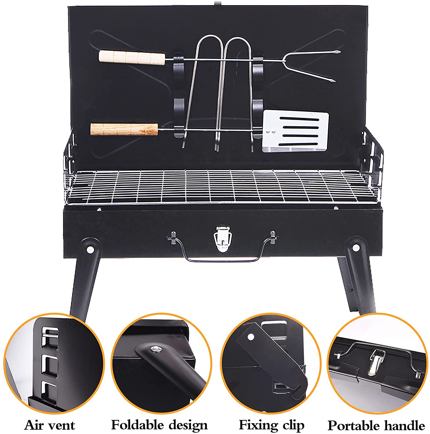 Grătar portabil pliabil tip Diplomat, grill din inox, accesorii incluse, 27x6x44 cm