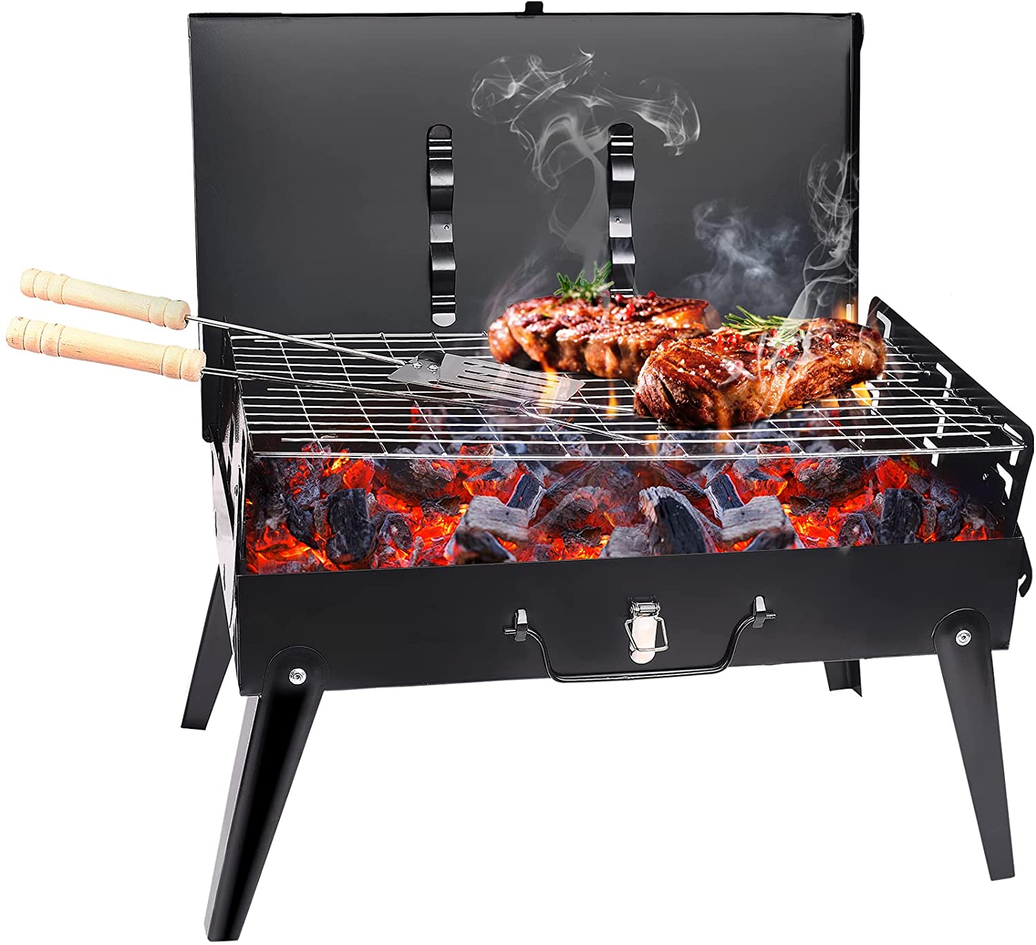 Grătar portabil pliabil tip Diplomat, grill din inox, accesorii incluse, 27x6x44 cm