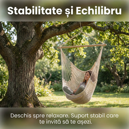 Hamac Brazilian Tip Scaun Suspendat, Bumbac și Poliester, 90x120 cm, Stil Boho, Greutate Maximă 120 kg, Bej