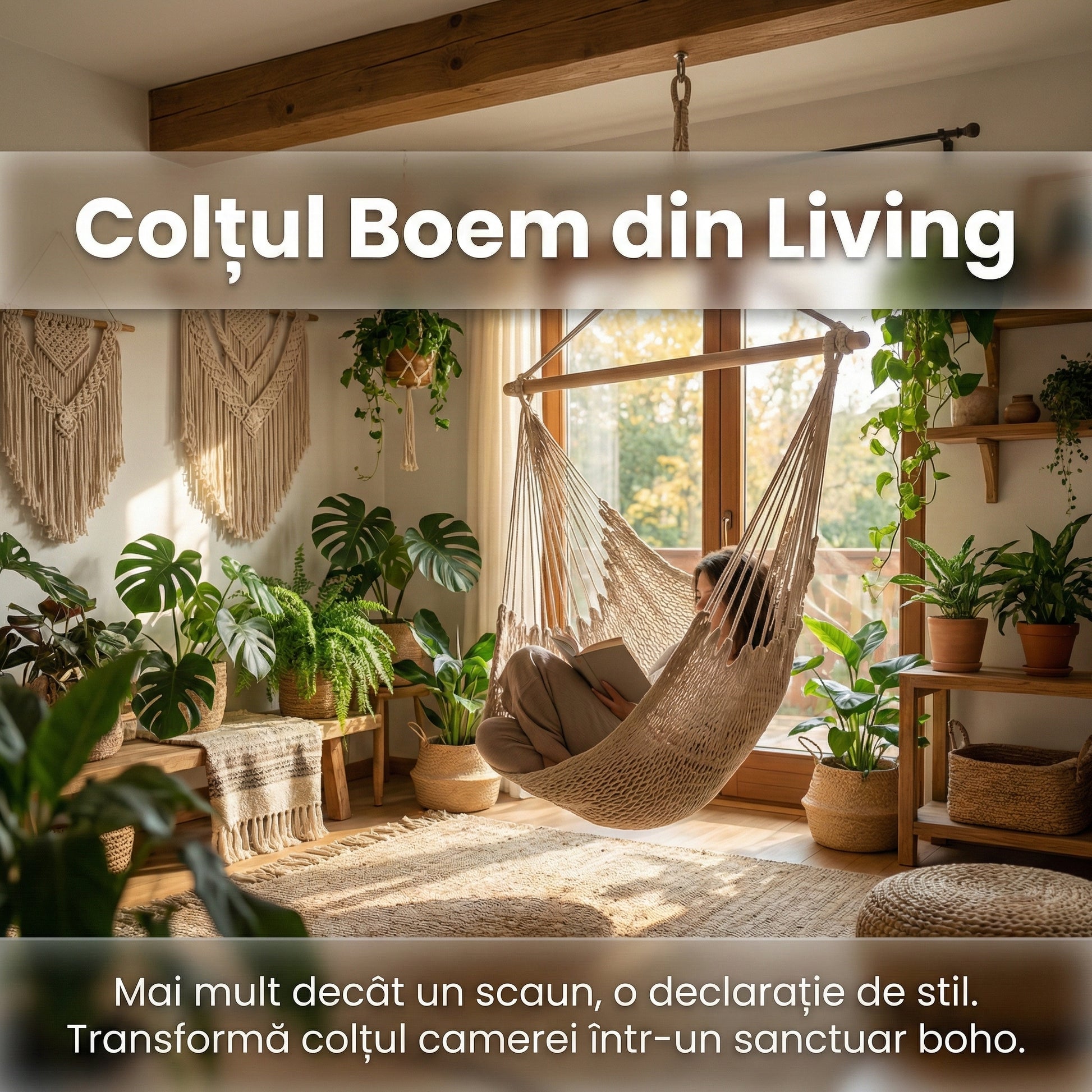 Hamac Brazilian Tip Scaun Suspendat, Bumbac și Poliester, 90x120 cm, Stil Boho, Greutate Maximă 120 kg, Bej