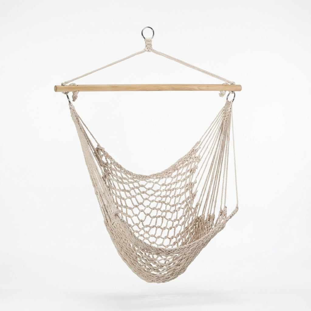 Hamac Brazilian Tip Scaun Suspendat, Bumbac și Poliester, 90x120 cm, Stil Boho, Greutate Maximă 120 kg, Bej