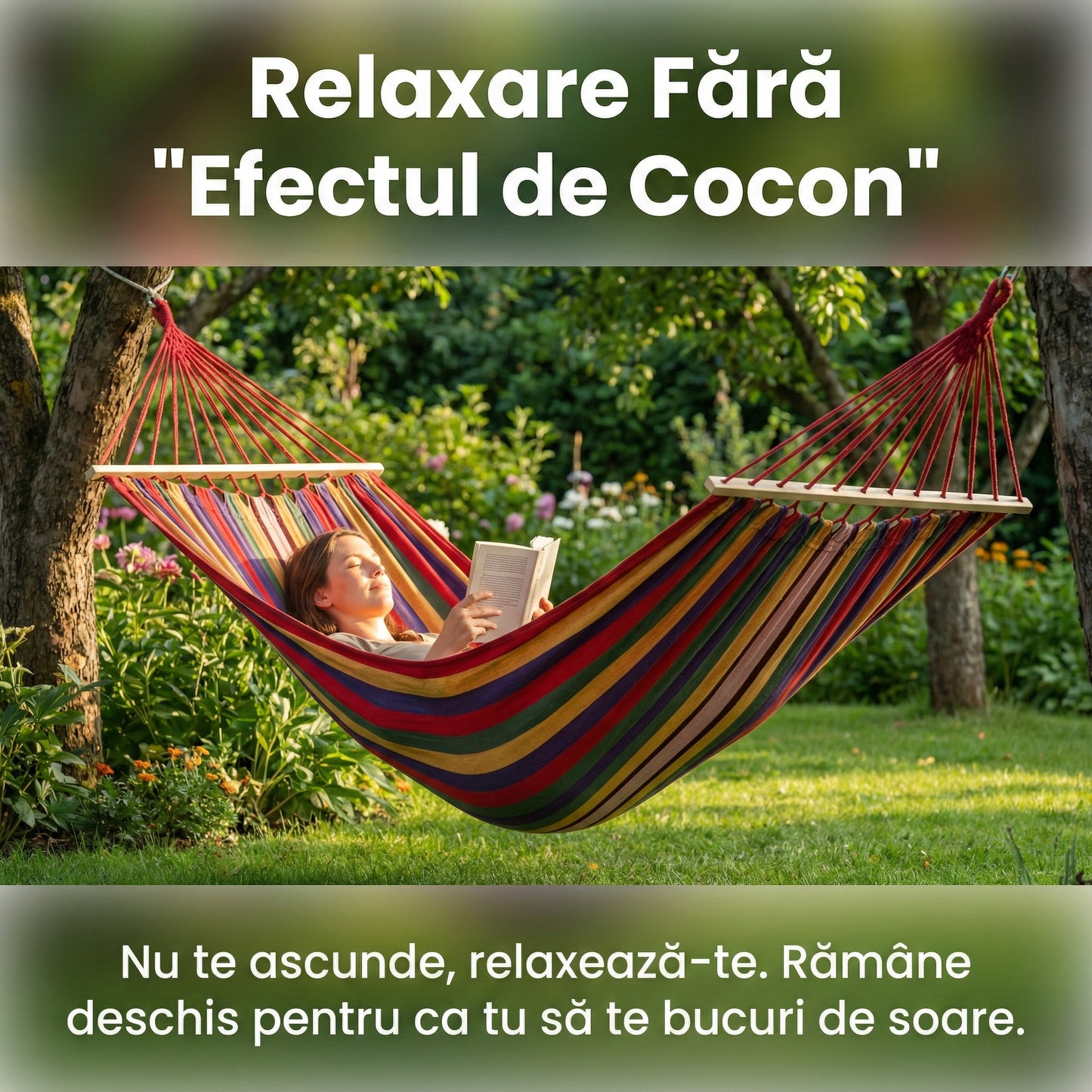 Hamac de Grădină 170x70cm cu Bară de Lemn, Husă Transport și Kit Prindere, Bumbac Respirabil, Multicolor