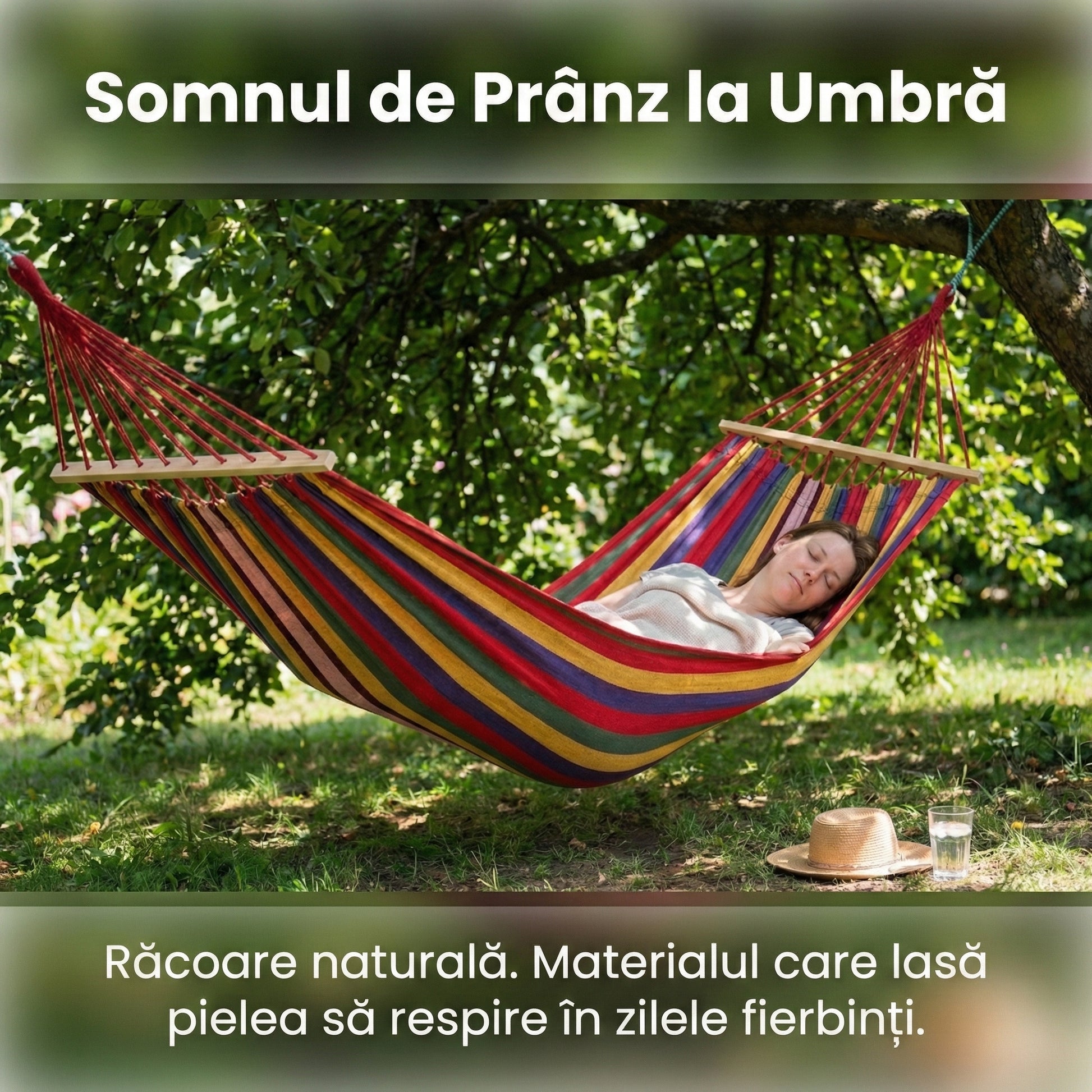 Hamac de Grădină 170x70cm cu Bară de Lemn, Husă Transport și Kit Prindere, Bumbac Respirabil, Multicolor
