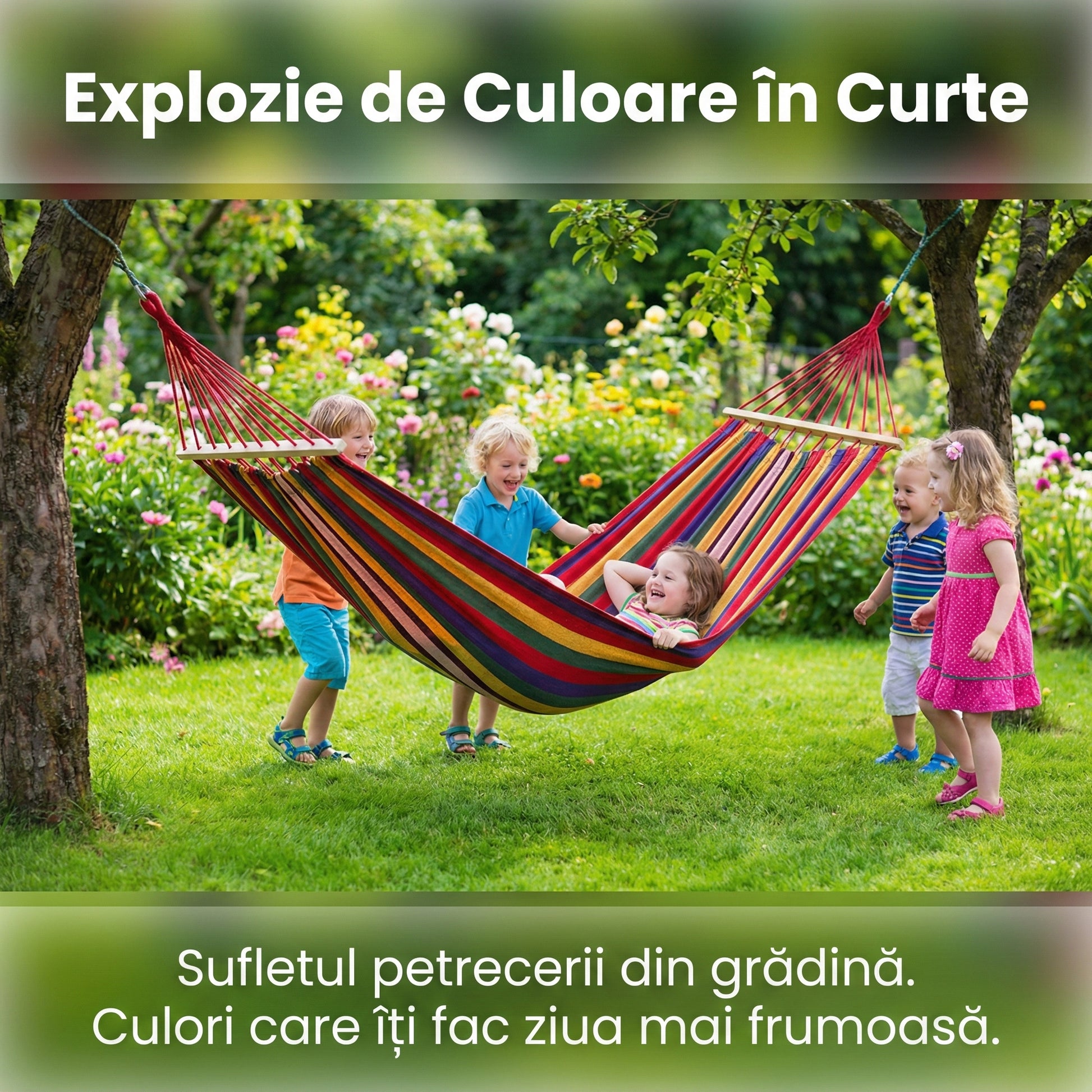 Hamac de Grădină 170x70cm cu Bară de Lemn, Husă Transport și Kit Prindere, Bumbac Respirabil, Multicolor