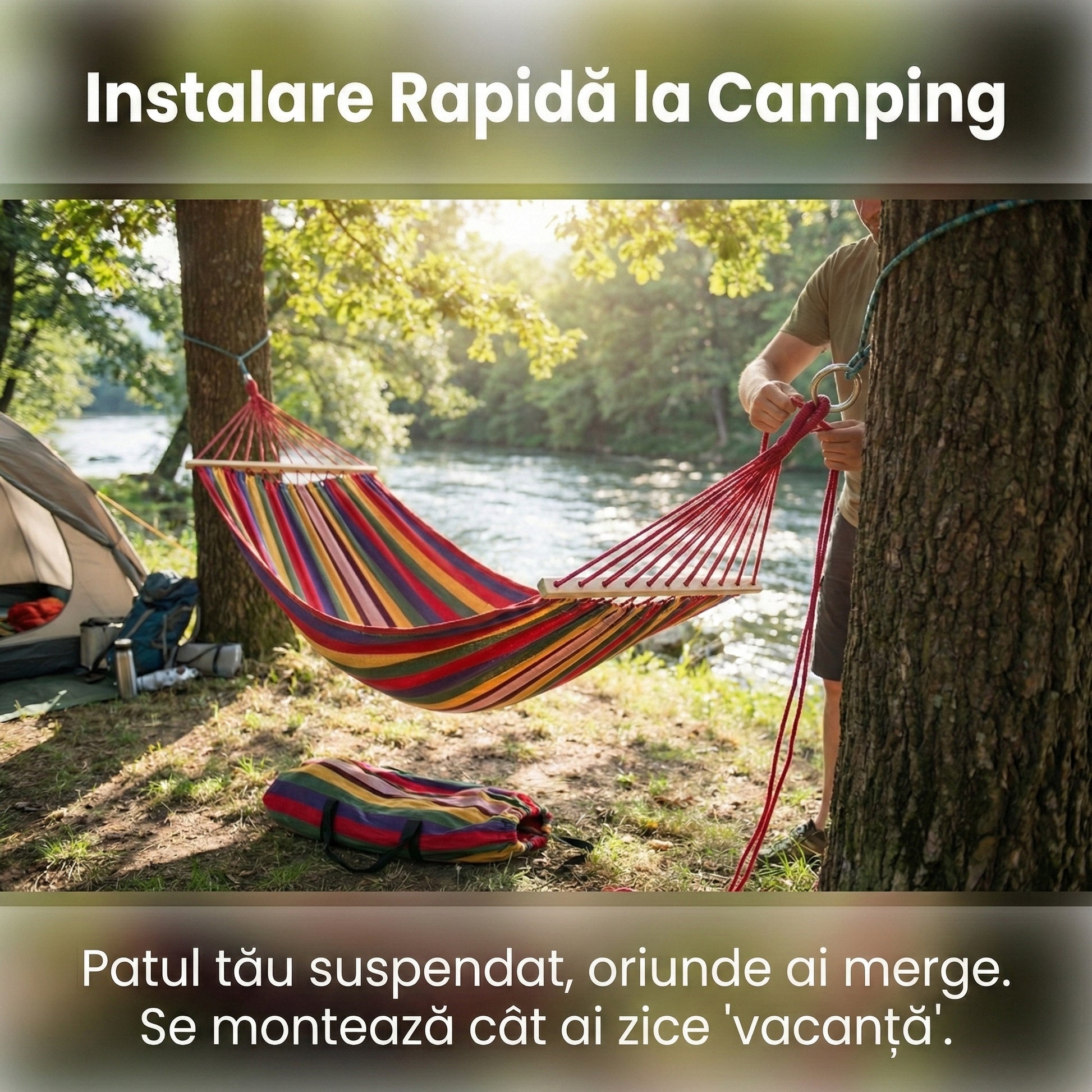 Hamac de Grădină 170x70cm cu Bară de Lemn, Husă Transport și Kit Prindere, Bumbac Respirabil, Multicolor