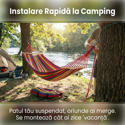 Hamac de Grădină 170x70cm cu Bară de Lemn, Husă Transport și Kit Prindere, Bumbac Respirabil, Multicolor