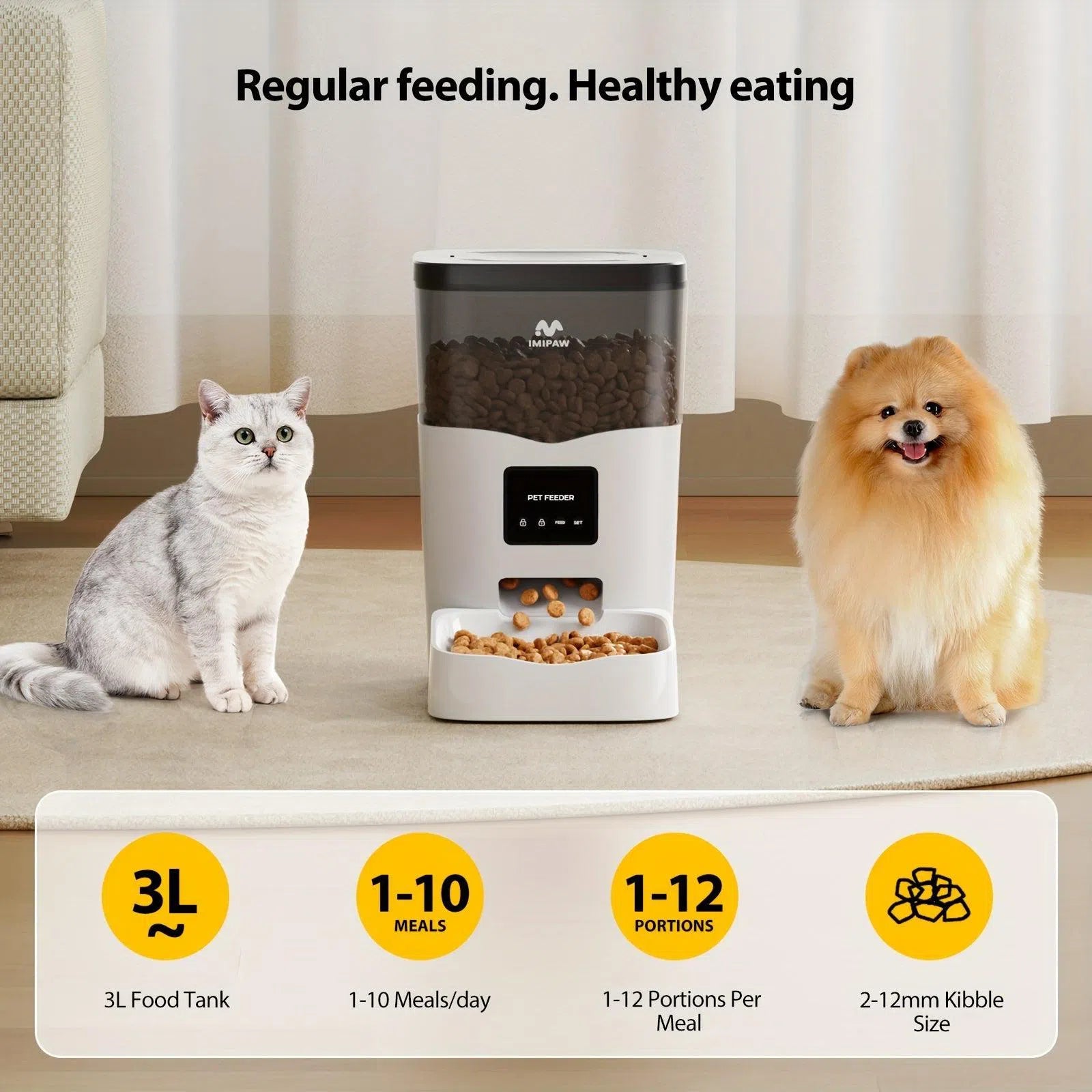 IMIPAW 3L Îngrijitor de animale inteligent Wi-Fi pentru pisici, câini - Distribuitor automat de hrană uscată programabil, 1-10 mese zilnice, Mod dublu de putere, Control APP, Backup baterie, Tensiune de funcționare sigură ≤36V