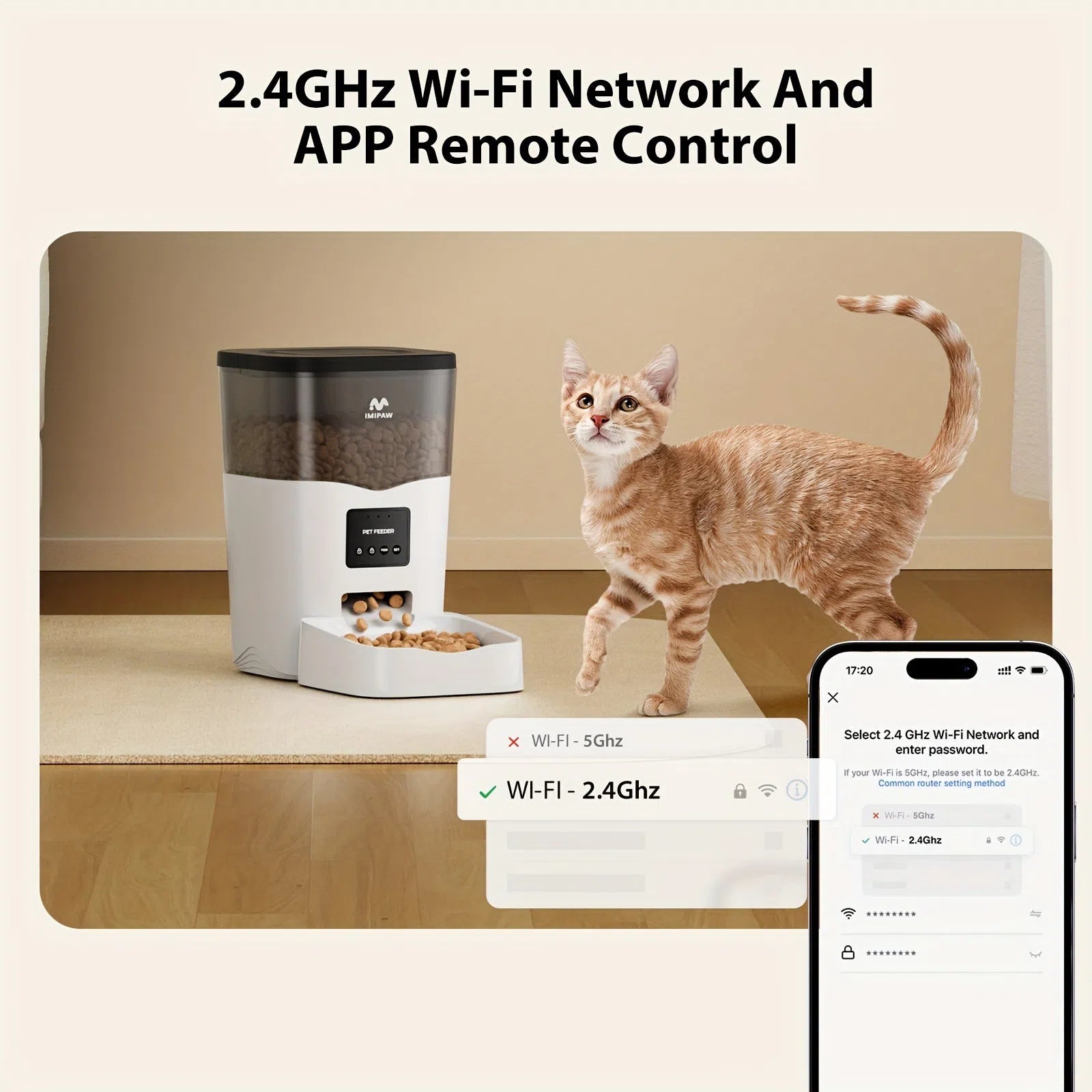 IMIPAW 3L Îngrijitor de animale inteligent Wi-Fi pentru pisici, câini - Distribuitor automat de hrană uscată programabil, 1-10 mese zilnice, Mod dublu de putere, Control APP, Backup baterie, Tensiune de funcționare sigură ≤36V