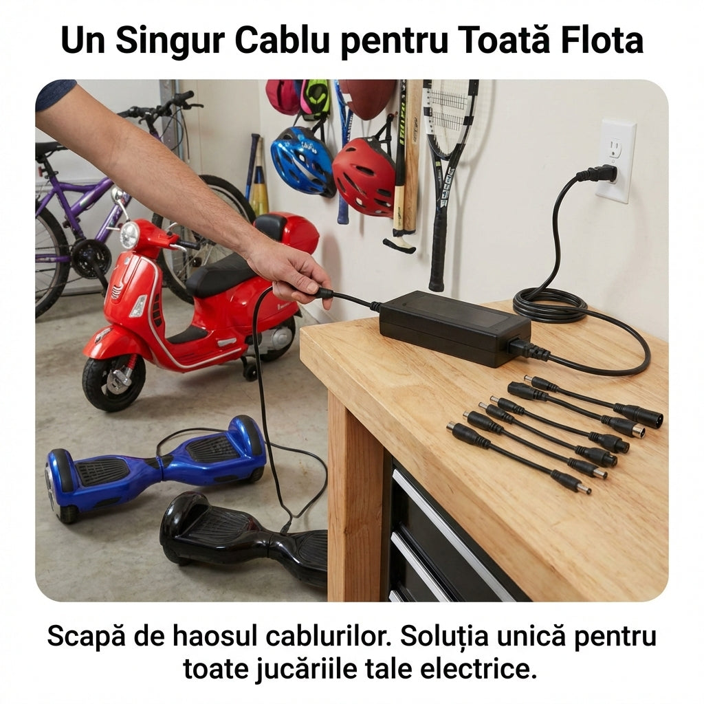 Încărcător Universal pentru Trotinete Electrice și E-Bike, 42V 2A, 5 Conectori Interschimbabili, Protecție Scurtcircuit, Negru