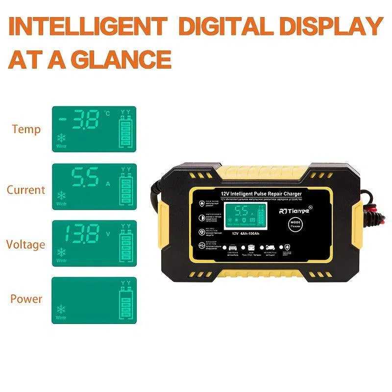 Încărcător inteligent pentru baterii auto 12V 6A, reparație puls, afișaj LCD, priză UE