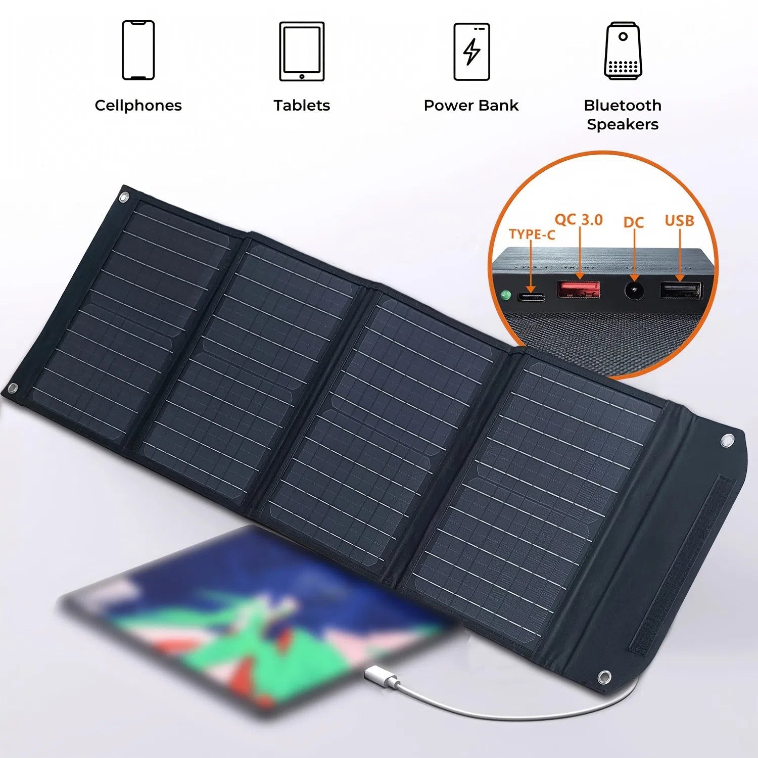 Încărcător solar pliabil de 40W - Baterie solară portabilă cu USB, tip C și ieșire DC