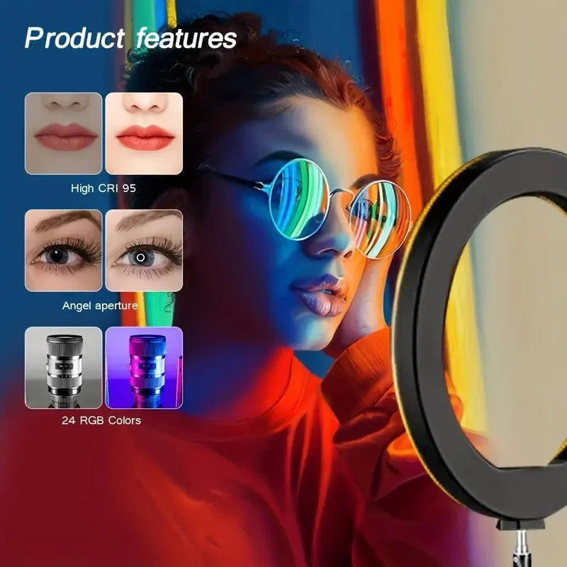 Inel de Lumină LED RGB pentru Selfie cu Trepied și Suport Telefon - Ideal pentru Machiaj, Transmisiuni Live și Video