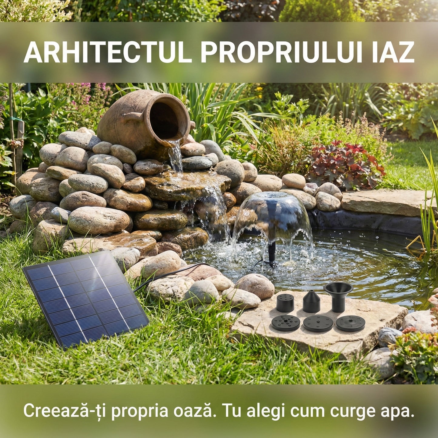 Kit Fântână Solară Premium pentru Grădină, Panou din Sticlă Temperată, Pompă 7V 1.2W, Înălțime Reglabilă