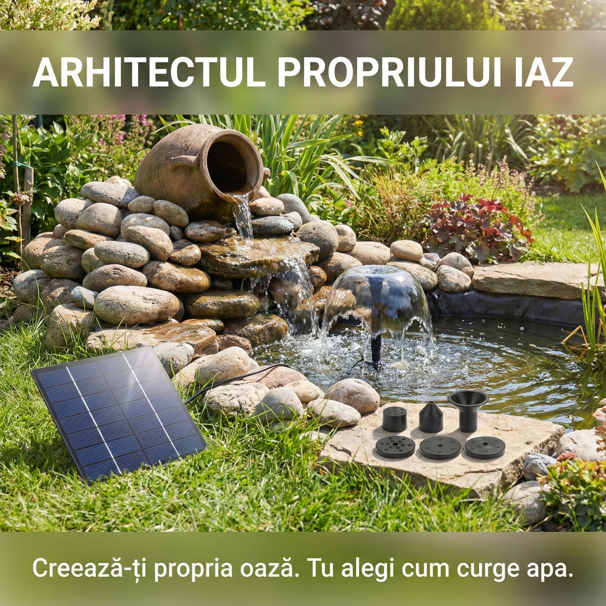 Kit Fântână Solară Premium pentru Grădină, Panou din Sticlă Temperată, Pompă 7V 1.2W, Înălțime Reglabilă